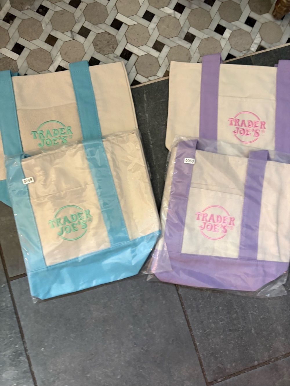 Trader Joe's Mini Tote Bag - Cream with Pastel Blue or Lavender Trim
